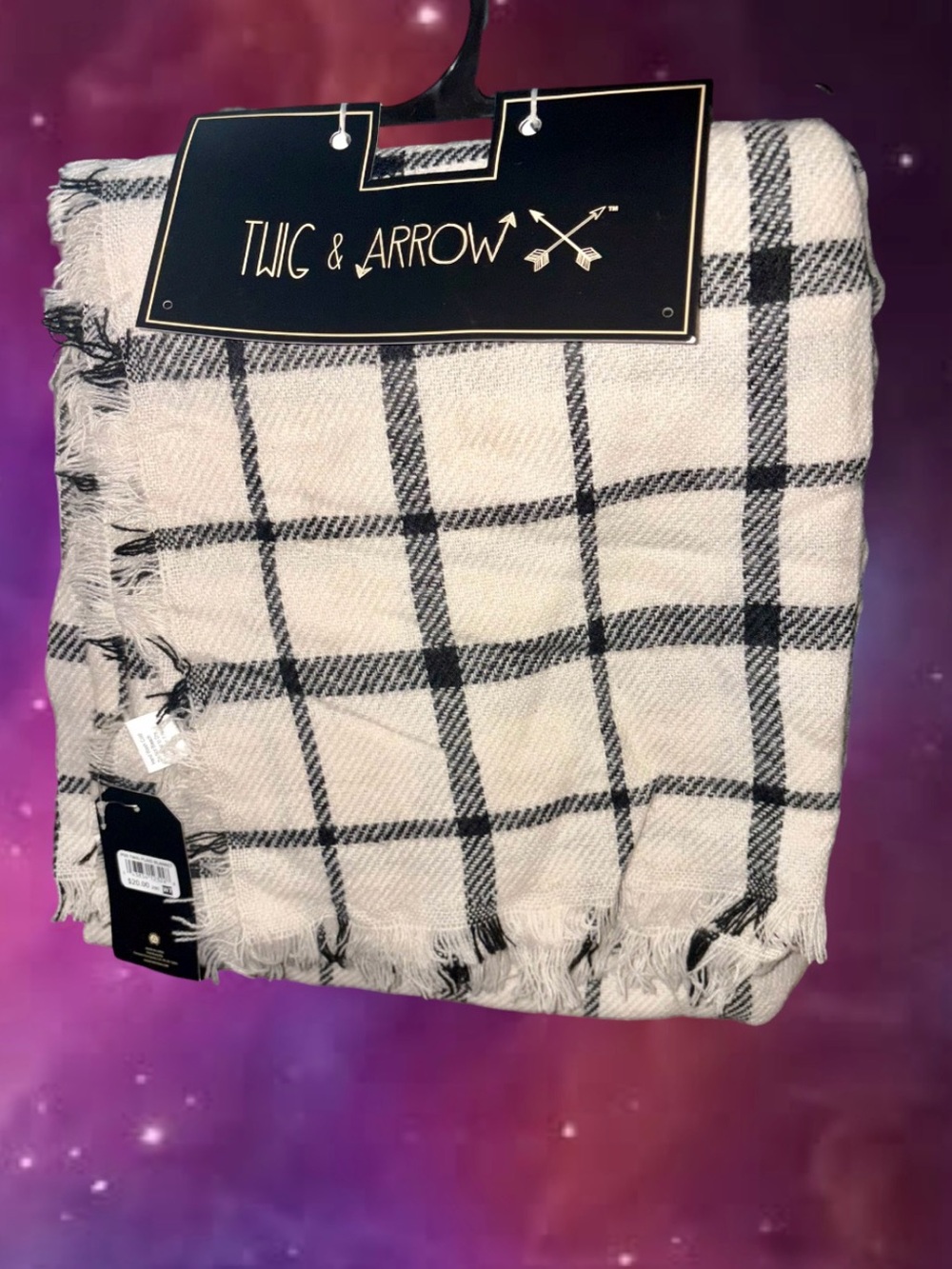NWT Twig & Arrow Oversize Scarf Black White Plaid Blanket Scarf 100% Acrylic